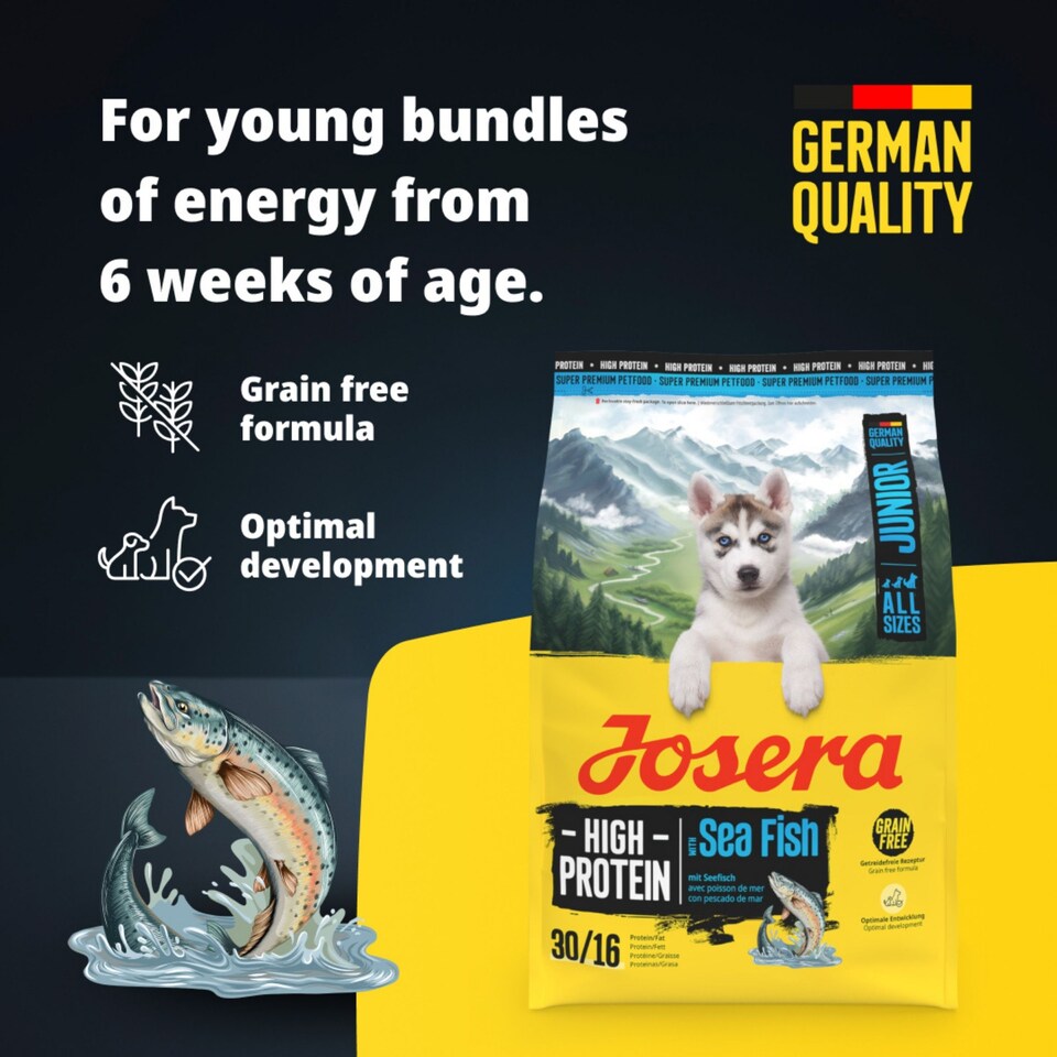 image 1 of Josera High Protein Junior Sea Fish complete dry food | For active puppies & young dogs | All breeds | Grain-free | Lots of Salmon & Lamb | 0.9kg
