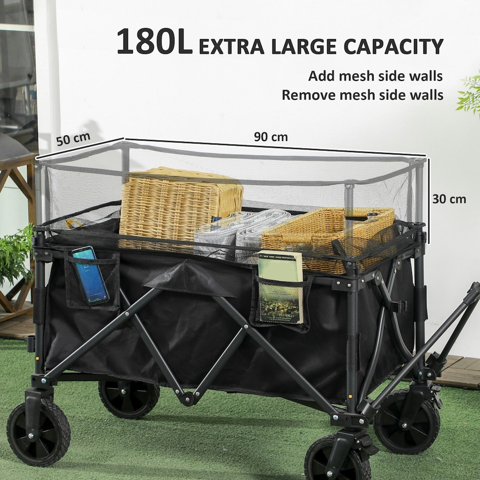 image 1 of Outsunny 180L Folding Garden Trolley Wagon Cart w/ Extendable Side Walls, Black