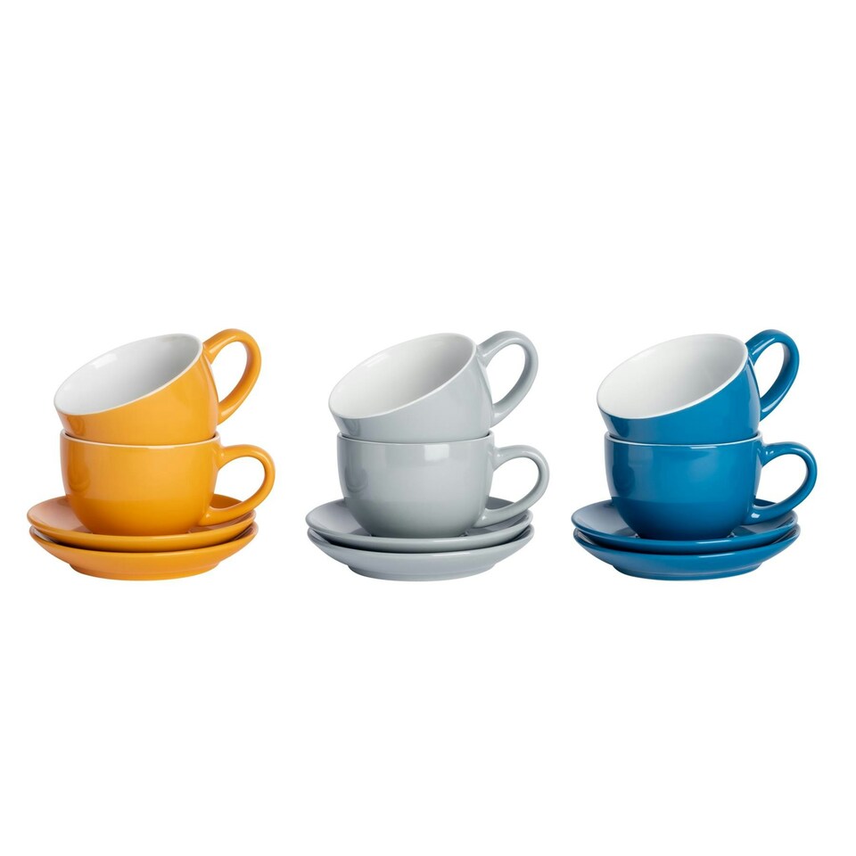 image 1 of Argon Tableware 12pc Coloured Cappuccino Cup & Saucer Set - 250ml - Yorkshire - Coffee Cup Latte Cup Drinking Cup
