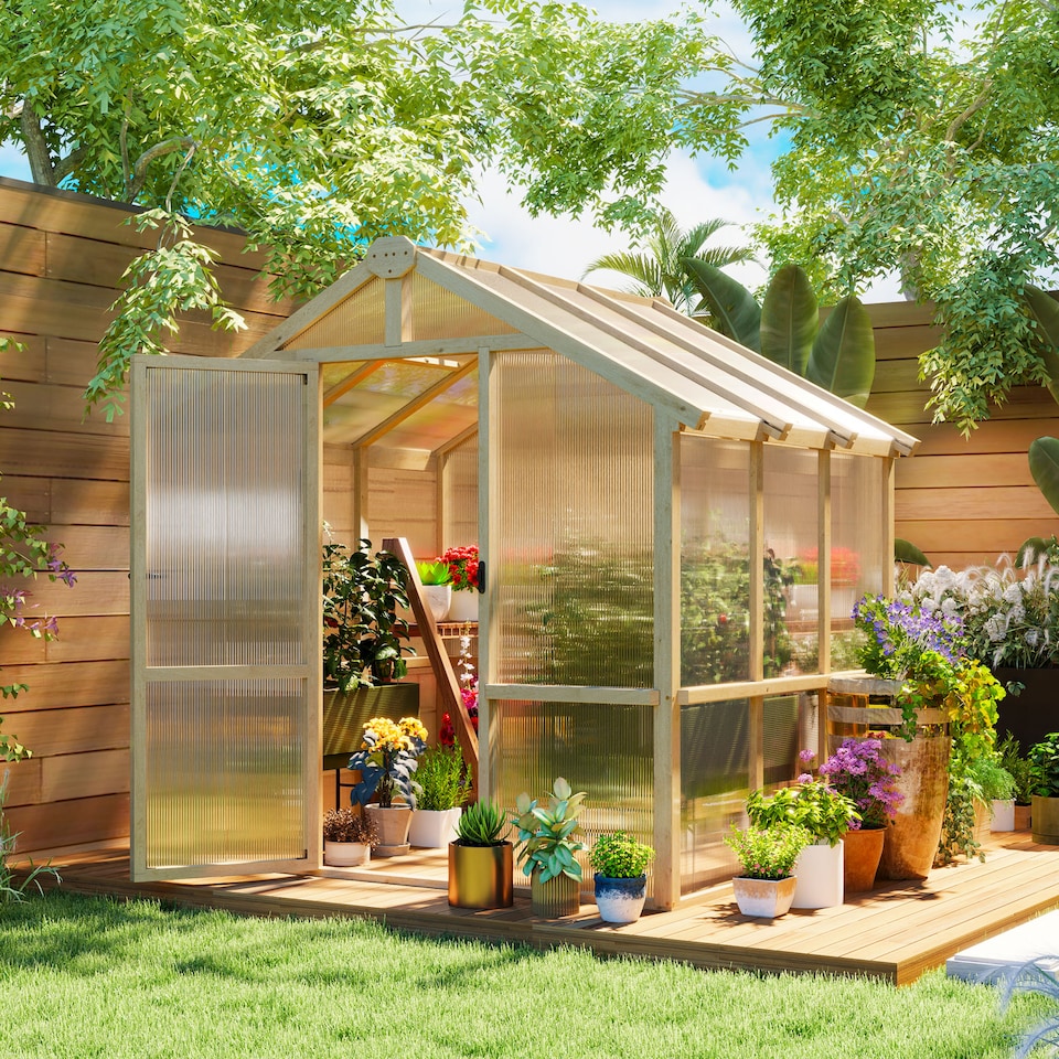 image 1 of Outsunny 6.6 x 6ft Wooden Polycarbonate Greenhouse with Lockable Door, Brown | Brown | Brown | 1
