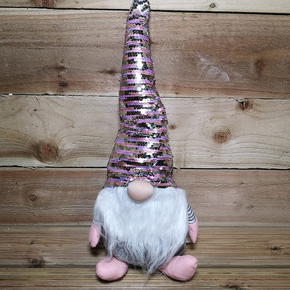 image 1 of 46cm Plush Christmas Bearded Gonk with Pink & Silver Sequined Hat Christmas Decoration