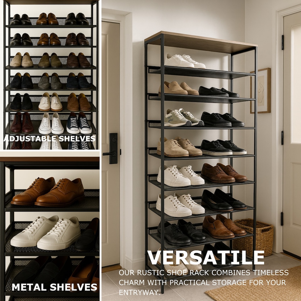 image 1 of Industrial 10 Tier Shoe Rack Hallway Organiser Rustic