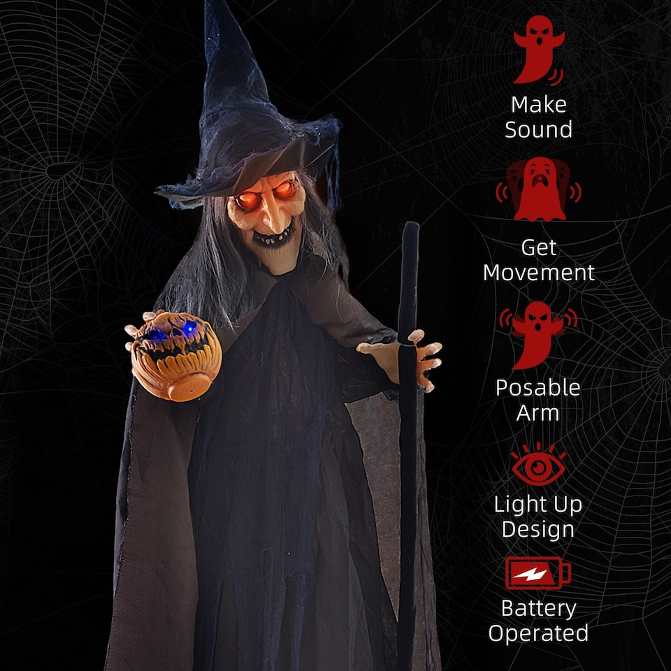 image 1 of HOMCOM Halloween Witch with Broomstick Animatronic Prop with Light Up Eyes