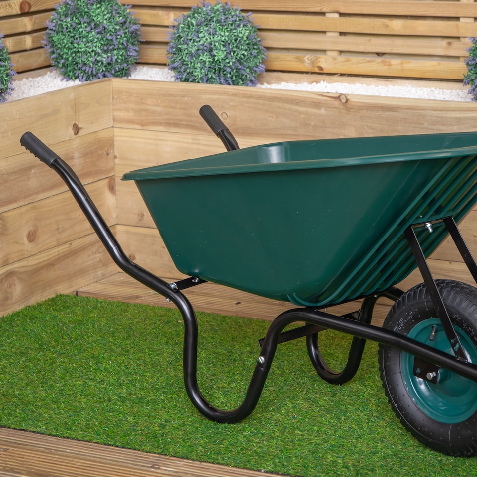 image 1 of 110 Litre 150kg Capacity Heavy Duty Outdoor Pneumatic Plastic Garden Wheelbarrow in Green