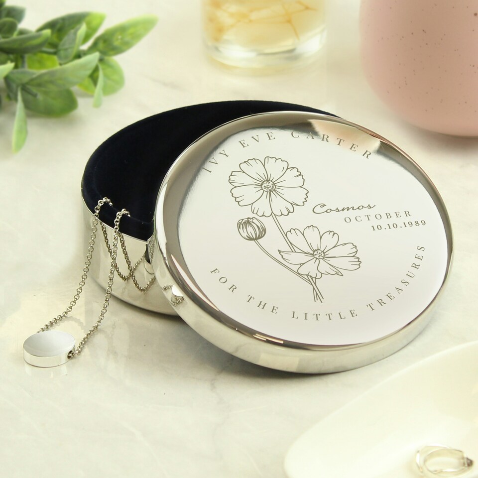 image 1 of Personalised October Birth Flower Round Trinket Box