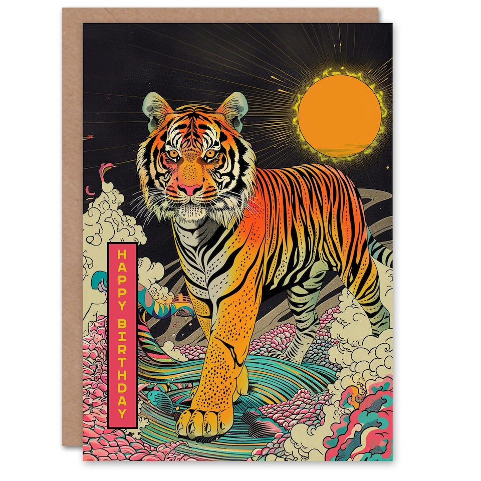 image 1 of Psychedelic Sun Trippy Colourful Man Tiger Him Birthday Card