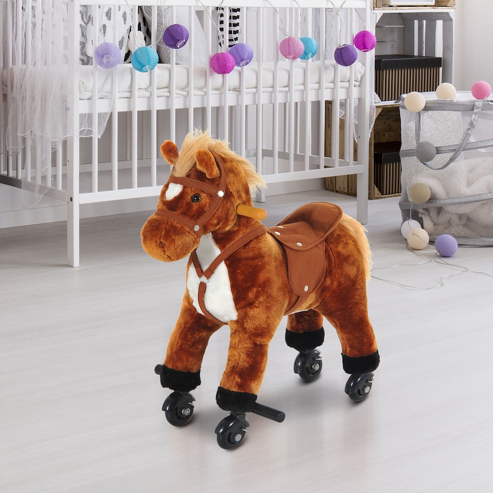 image 1 of HOMCOM Rocking Horse Kids Ride on Walking Horse Animal Pony Wheeled Riding Plush Toy withSound for 2 Years and Up (Brown)