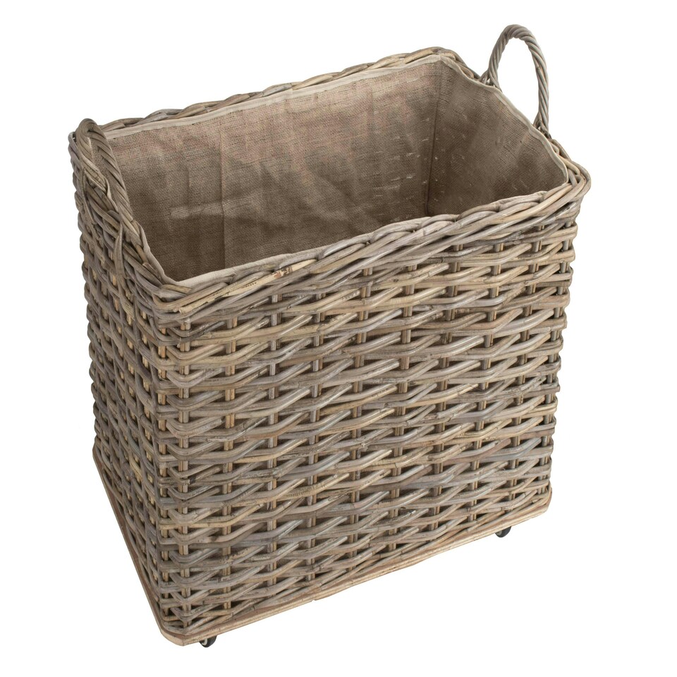 image 1 of Large Wheeled Rattan Hessian Lined Log Basket