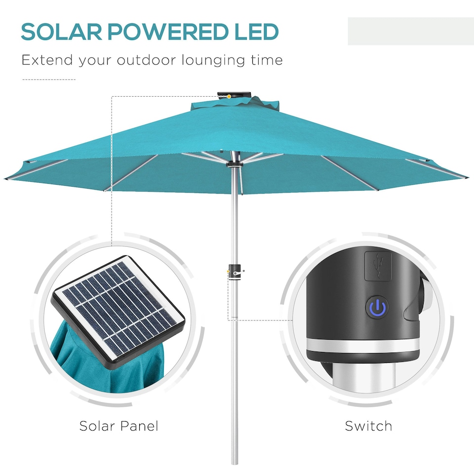 image 1 of Outsunny Solar Patio Garden Parasol with Lights for Outdoor, Blue
