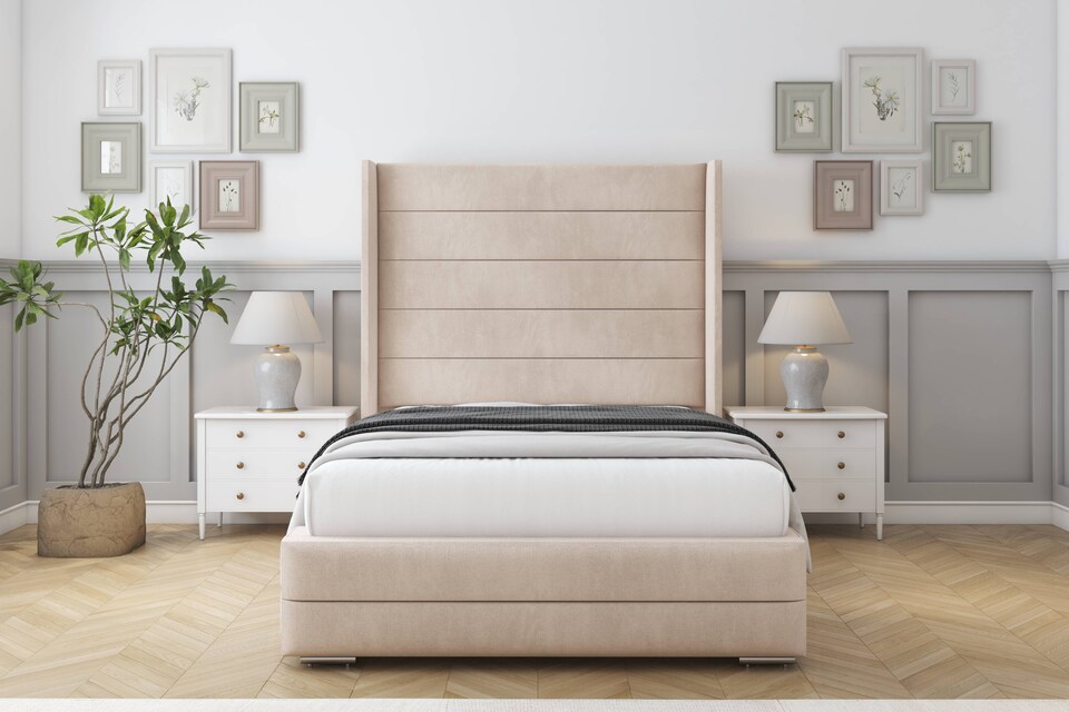 image 1 of Sloomy Sterling Sand Naples Bed Frame With Mattress With 50"  Upholstered Wingback Headboard 3' Single