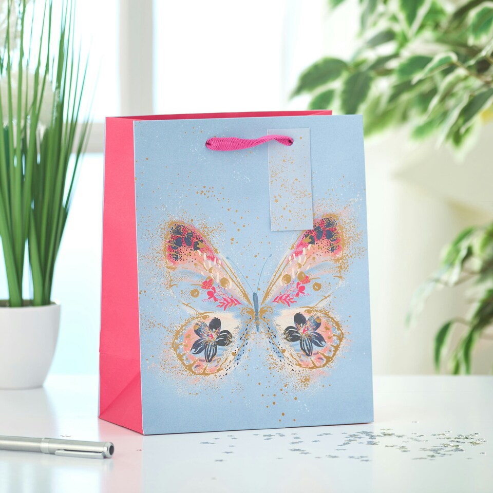image 1 of Multipack of 3 Medium Gift Bags | Party Bags for Presents | Birthdays | For Her/Friend | Butterfly Kisses Design Blue