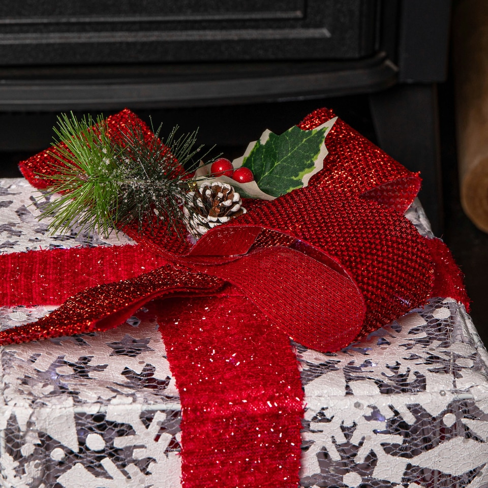 image 1 of Set of 3 Light up White Christmas Parcels with Red Bows & White LEDs