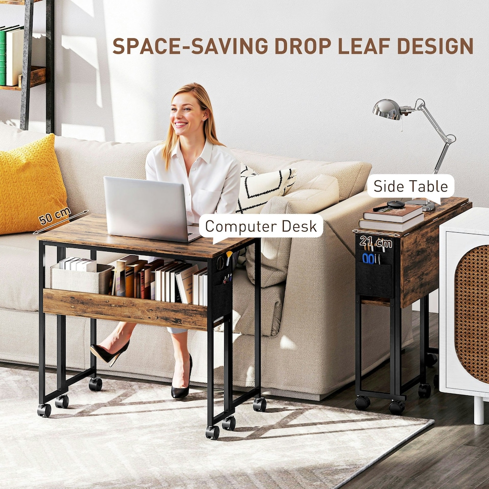 image 1 of HOMCOM 80 cm Foldable Computer Desk on Wheels for Small Spaces | Brown