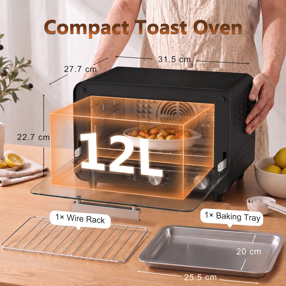 image 1 of HOMCOM Small Toaster Oven, 12L Mini Countertop Oven with Glass Door, Black