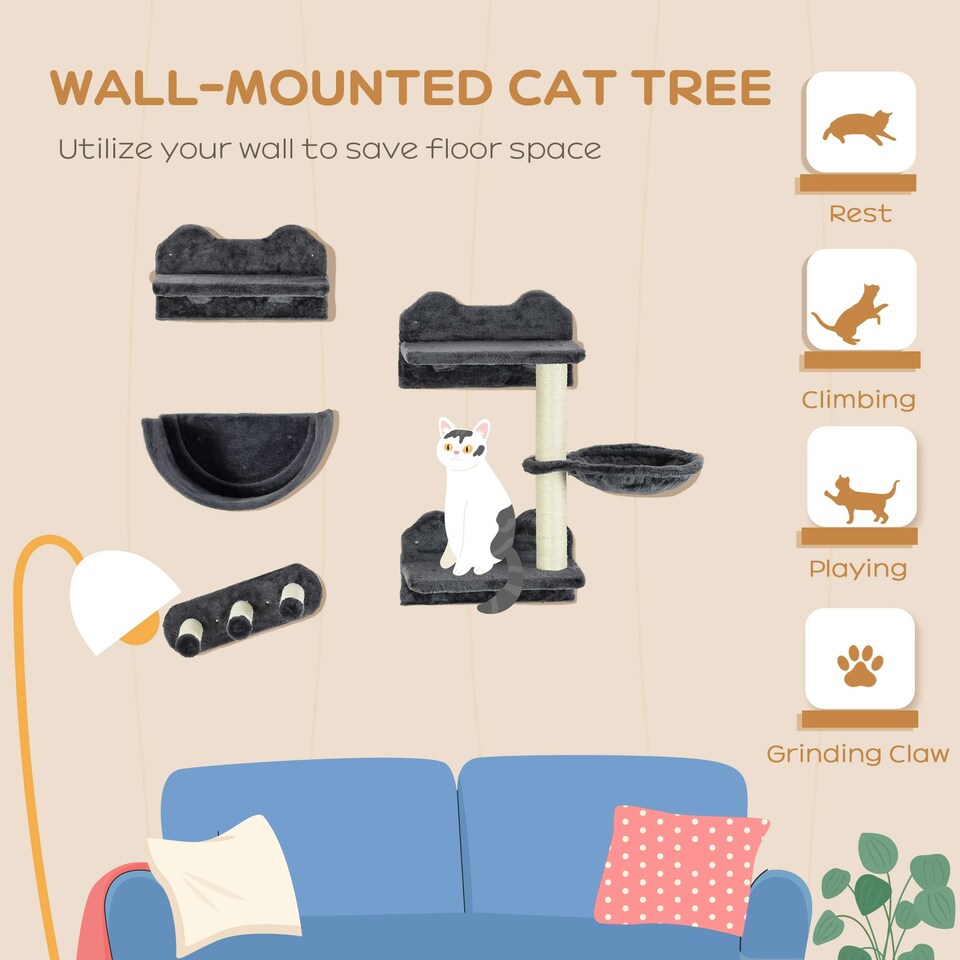 image 1 of PawHut Wall Mounted Cat Tree 4PC Kitten Activity Centre with Sisal Dark Grey