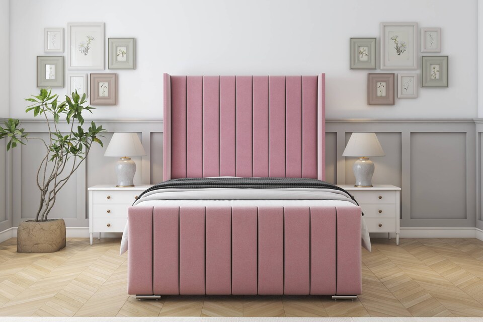 image 1 of Sloomy Melbourne Pink Plush Bed Frame With Mattress  With 50" Upholstered Wingback Headboard 4' Small Double