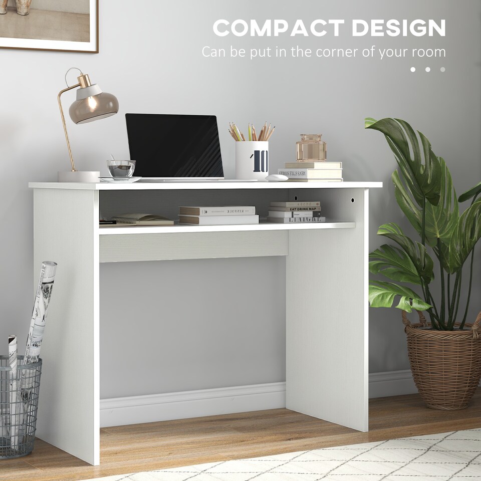 image 1 of HOMCOM Modern Computer Desk, Home Office Table, Small Writing Desk with Storage Shelf, 90 x 50cm, White Wood Grain