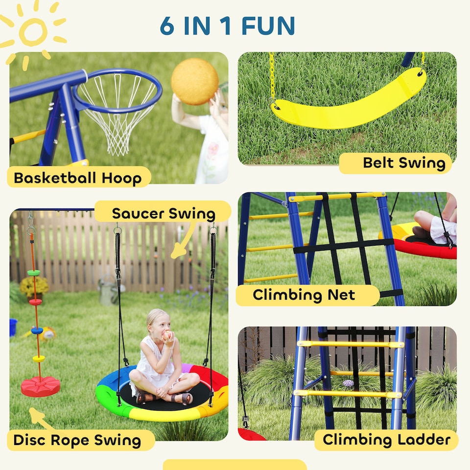 image 1 of AIYAPLAY 6 in 1 Kids Swing Set with 3 Swings, Climbing Net and Ladder