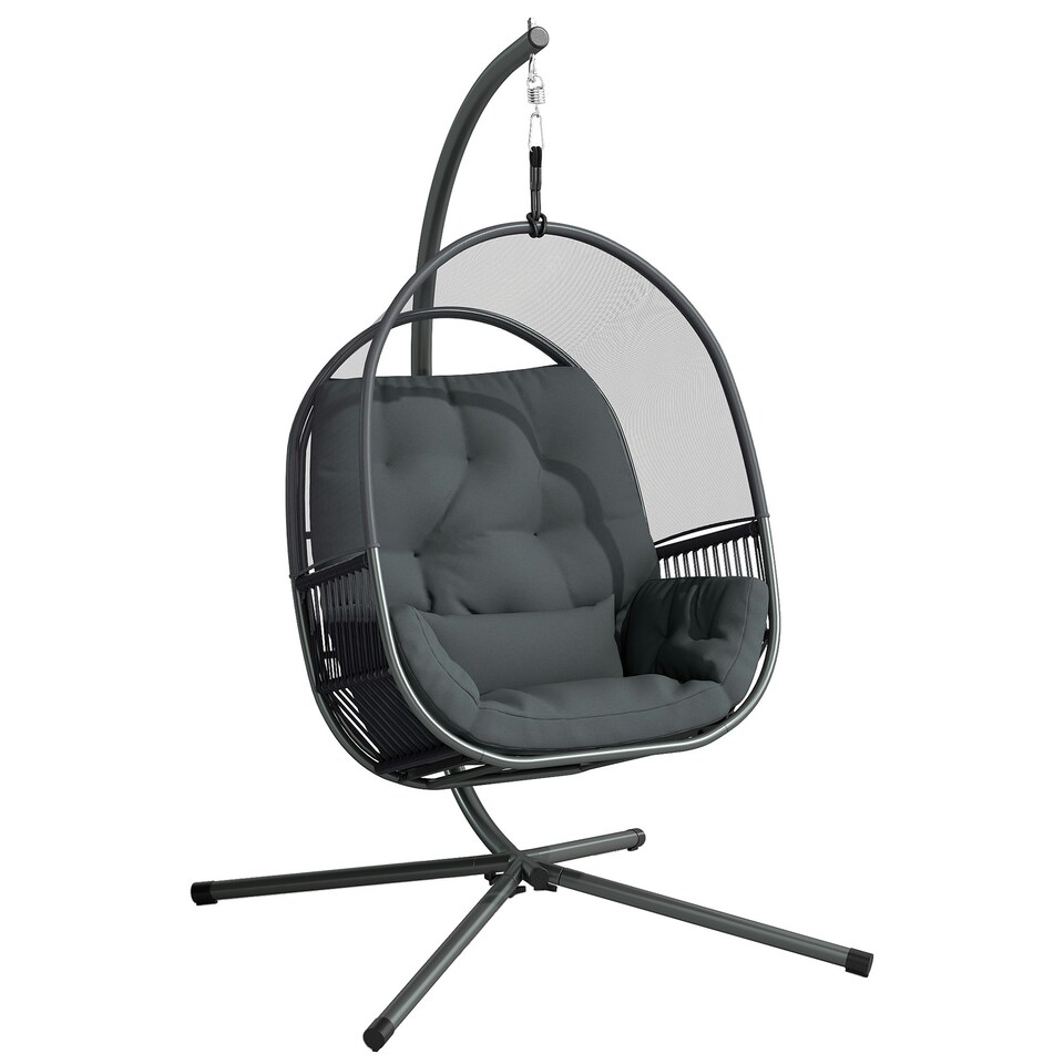image 1 of Outsunny Hanging Egg Chair w/Stand & Cushions, Dark Grey Grey | Light Grey