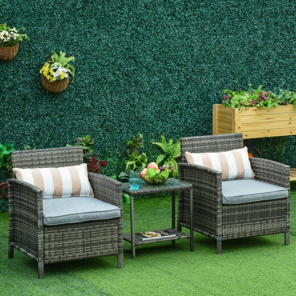 image 1 of Outsunny 3 PC Outdoor Rattan Sofa Set w/ Chairs Coffee Table Cushion Grey