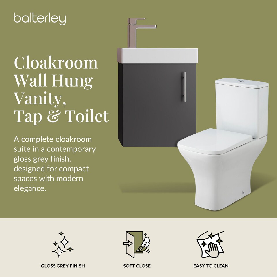image 1 of Balterley Saint Cloakroom Set - Wall Hung Vanity Basin Unit, Toilet Pan, Cistern, Seat & Mini Basin Tap - Balterley | Black | Gloss Grey | 520.0000 x 405.0000 x 222.0000mm