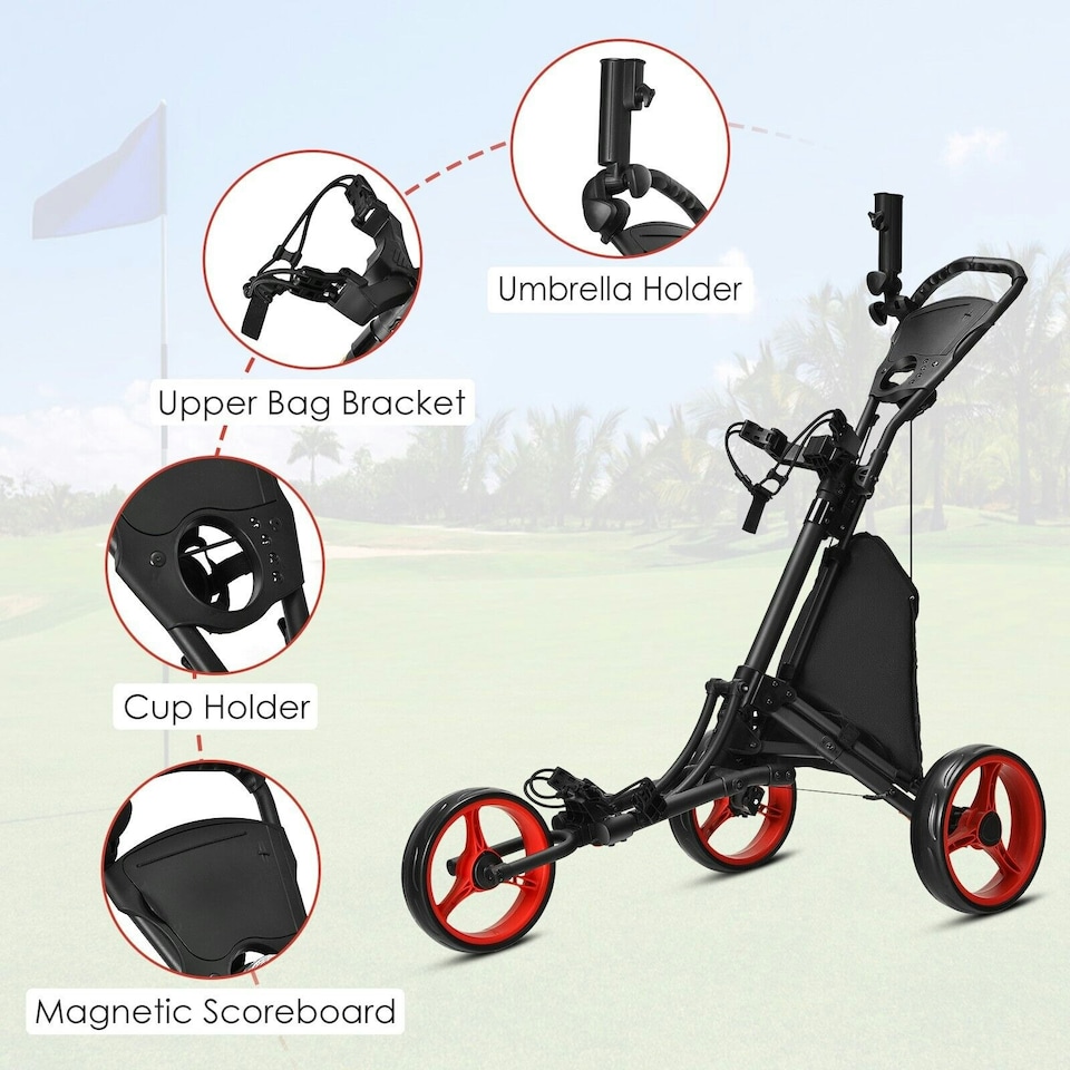 image 1 of COSTWAY 3 Wheel Golf Push Cart Folding Golf Holder Red