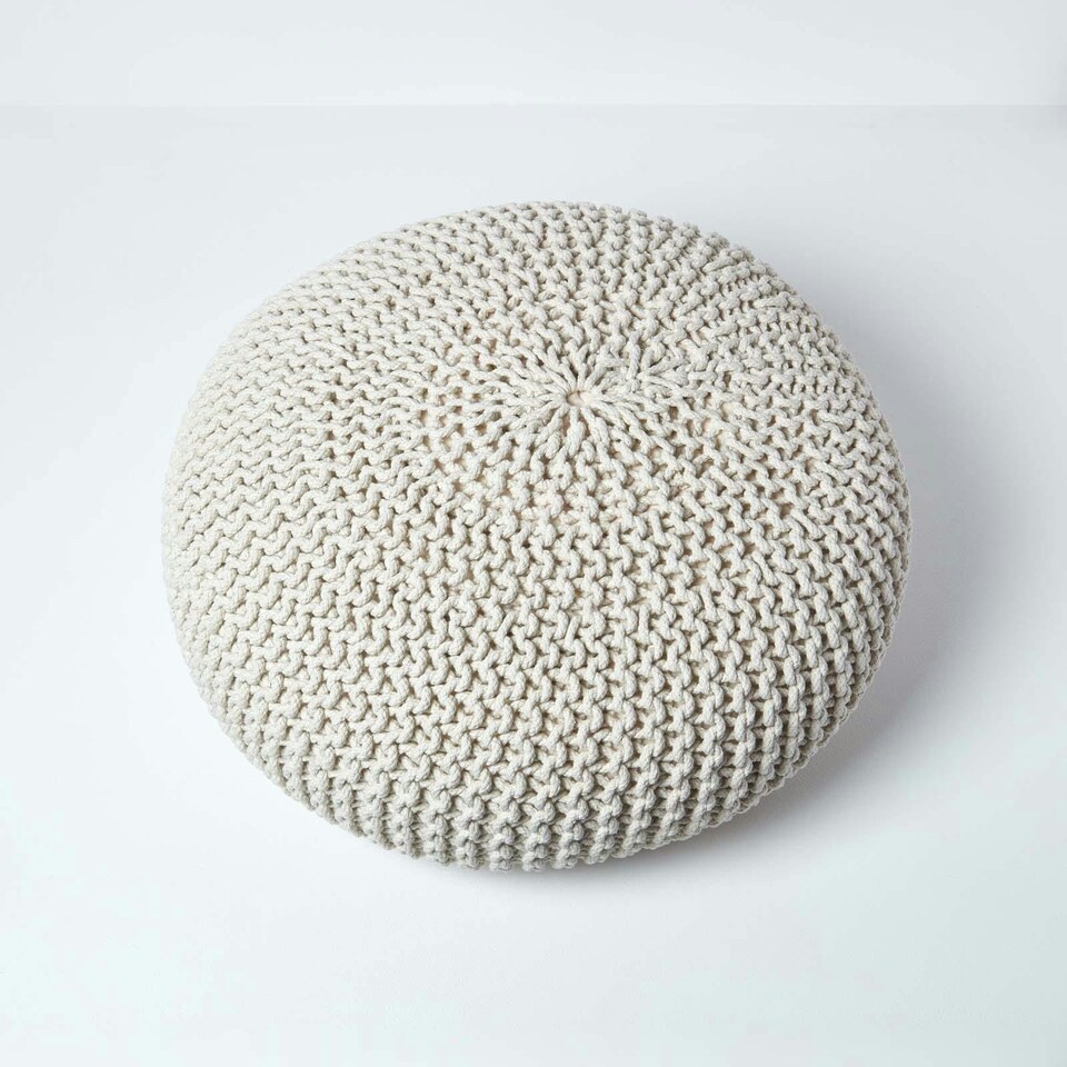 image 1 of Homescapes Natural Large Round Cotton Knitted Pouffe Footstool | Cream | 70 x 23 cm