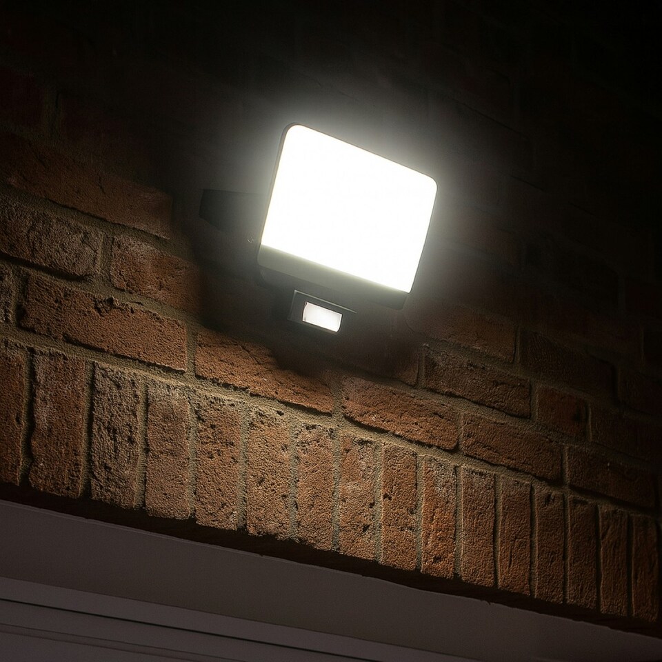 image 1 of CGC PARRY 30W LED PIR Motion Sensor Floodlight Black Body with Full Front White Opal Diffuser 2700lm 4000k Black