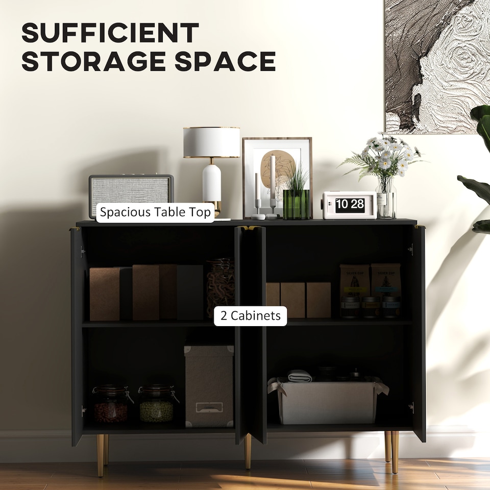 image 1 of HOMCOM Sideboard Buffet Cabinet with Adjustable Shelves, Black | Gold | Black with gold handles and legs