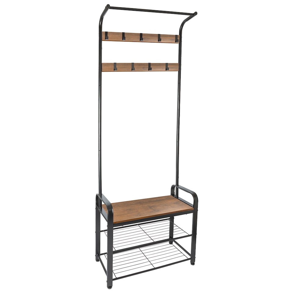 image 1 of Harbour Housewares Curved Steel Coat Rack with Shoe Storage Bench - Black/Brown | Brown | Black/Brown | One Size