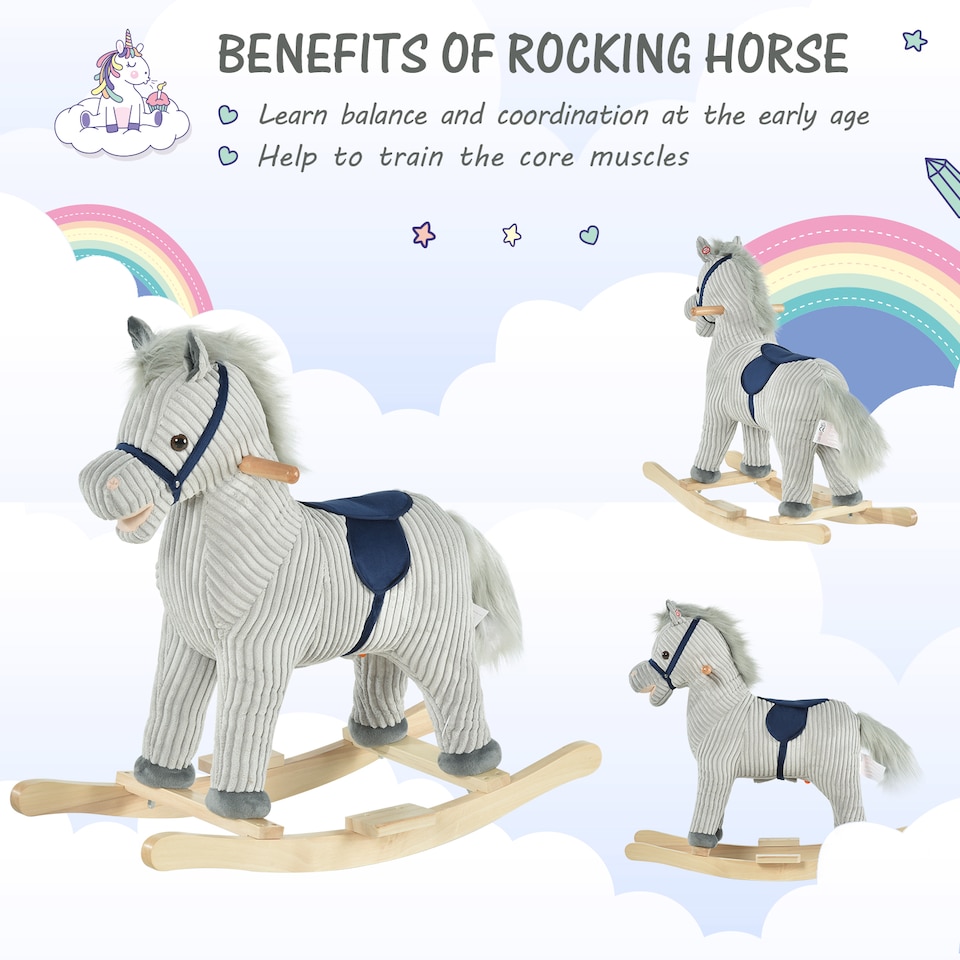 image 1 of HOMCOM Kids Plush Rocking Horse with Sound Children Rocker Ride On Toy Gift 3-6 Years Grey