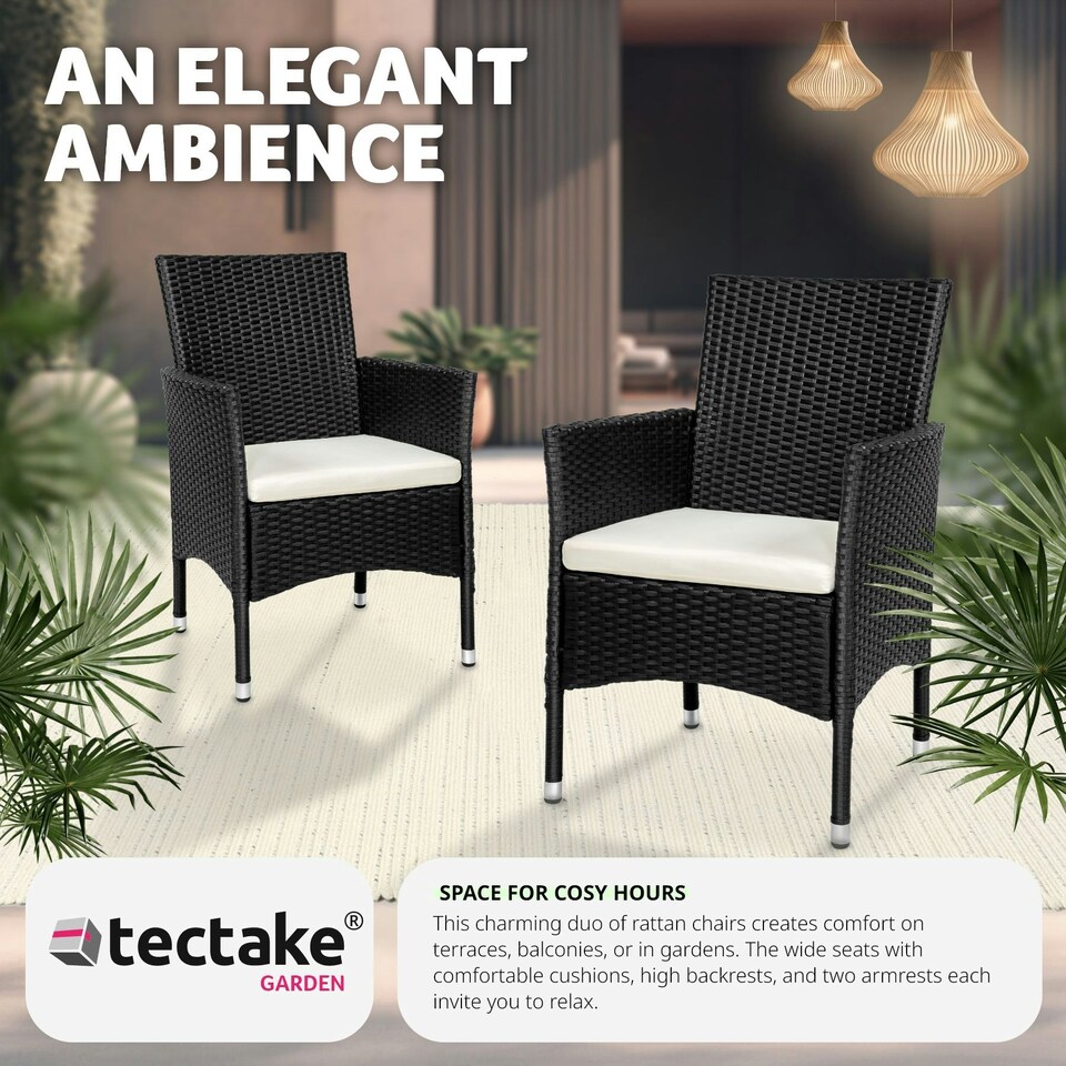 image 1 of Garden Chair Nantes Set of 2 - durable polyrattan, 2 sets of cushion covers Black | Beige
