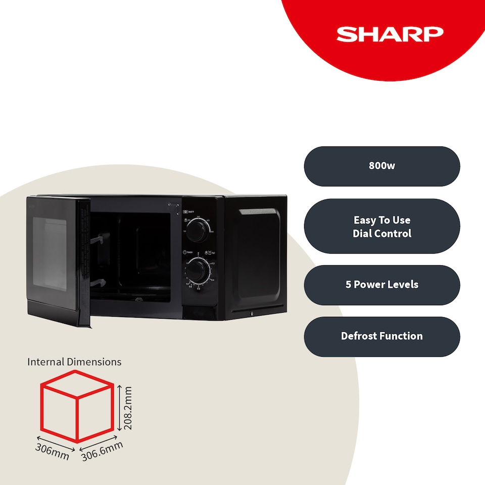 image 1 of Sharp 20L Black 800W Manual Microwave with Defrost & 5 Power Levels
