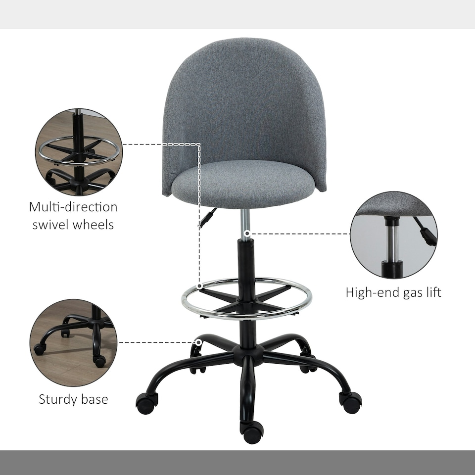 image 1 of Vinsetto Draughtsman Chair Home Office Ergonomic 5 Wheels Padded Seat Grey