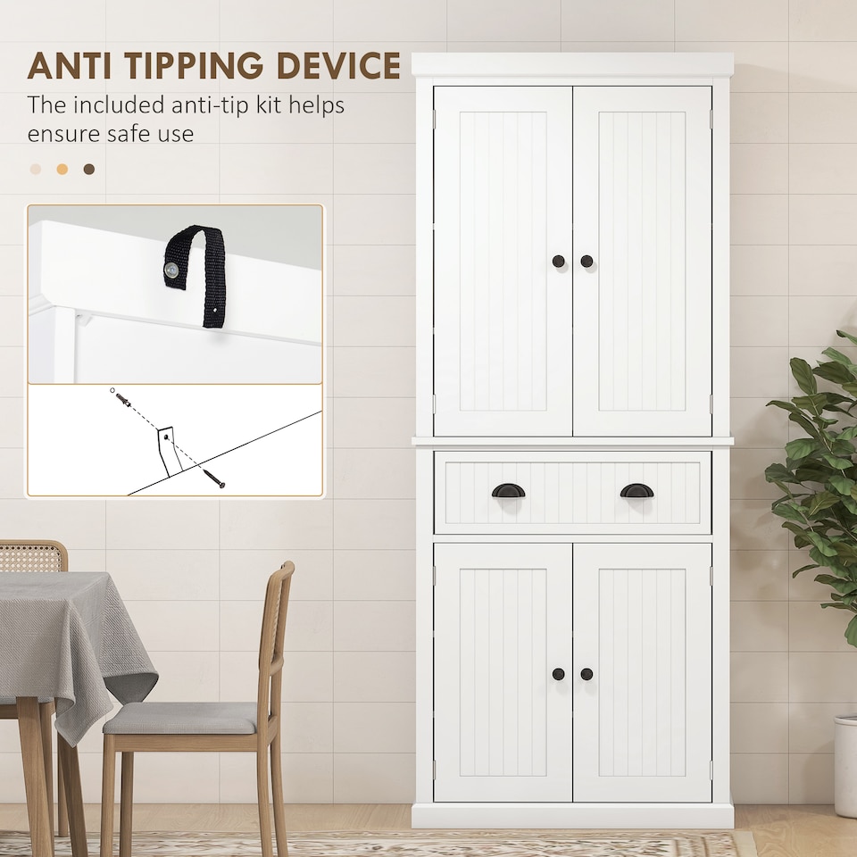 image 1 of HOMCOM 183cm Freestanding Kitchen Cupboard, Tall Storage Cabinet with 4 Doors and 3 Adjustable Shelves, Traditional Kitchen Pantry Cupboard for Dining Room, White