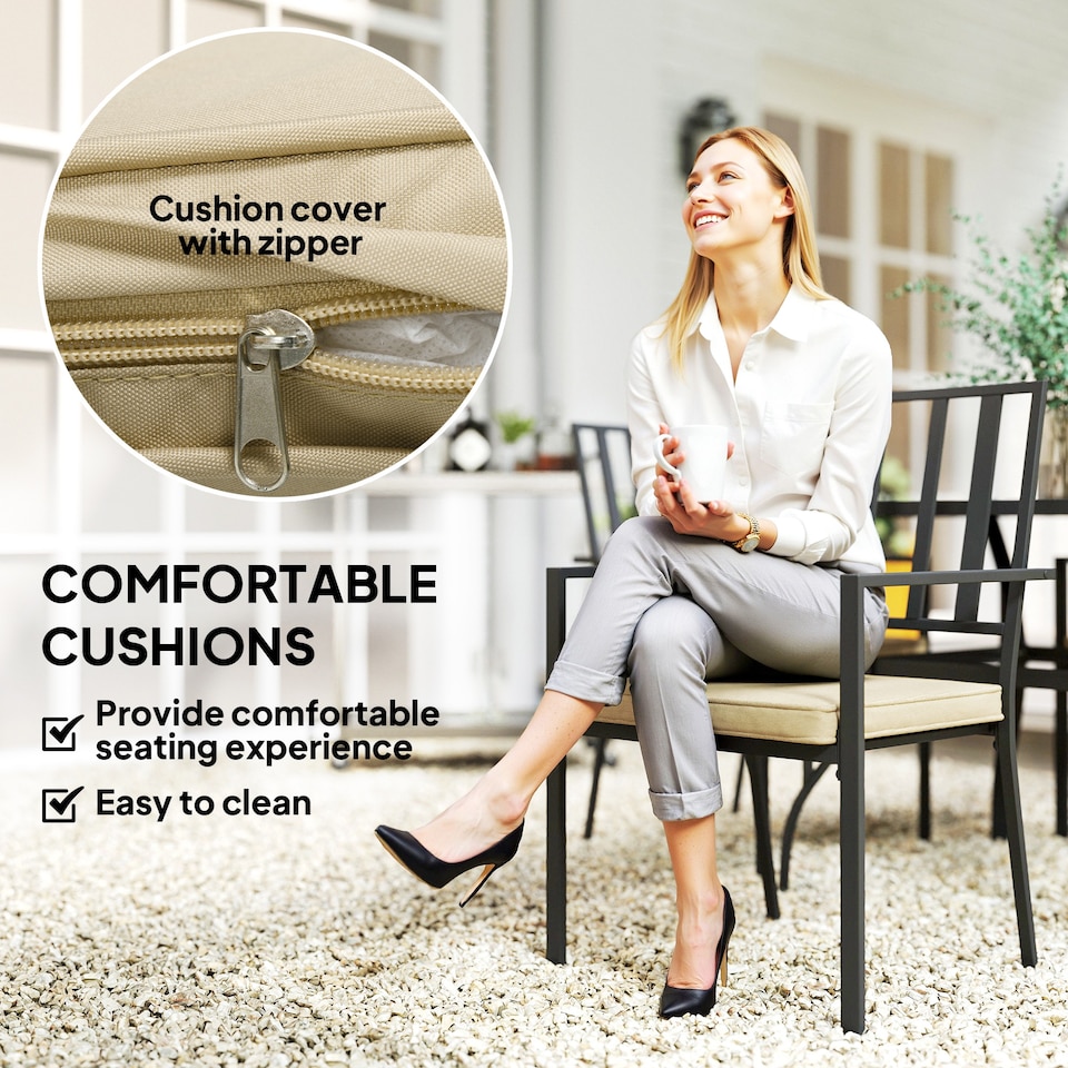 image 1 of Outsunny 5 Pieces Garden Dining Set with Cushions, Outdoor Patio Table and 4 Stackable Chairs, Metal Top Table with Umbrella Hole, Black