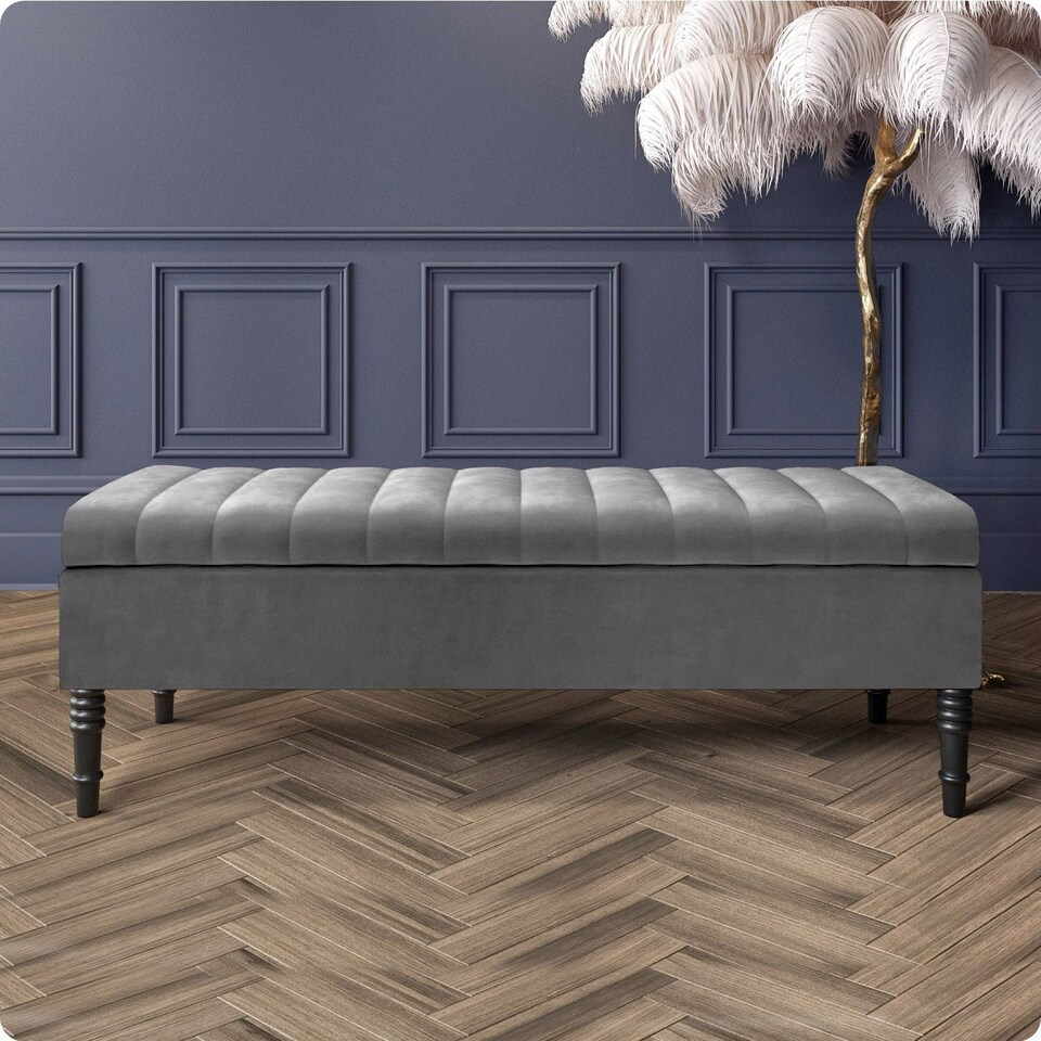 image 1 of Safar 180cm Ottoman Storage Bench - Plush Velvet Shoe Bench - Grey Lined Upholstery Storage Footstool