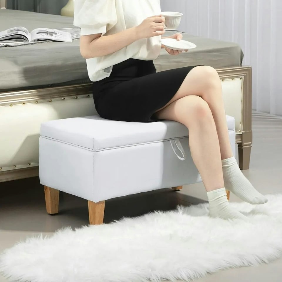 image 1 of HOMCOM Linen Storage Ottoman Storage Box Footstool with Rubberwood Legs Cream