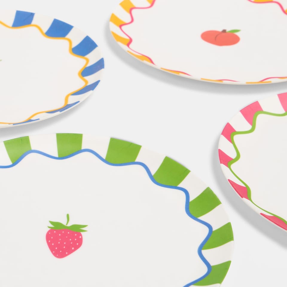 image 1 of OHS Summer Print Plastic Picnic Plates Set of 4 Lightweight Outdoor | Pink | Bright Fruits