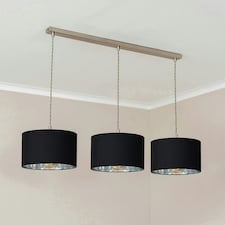 ValueLights Reni Black & Chrome Drum Shade 3 Drop Bar Chrome Diner Ceiling Light and Bulbs Silver