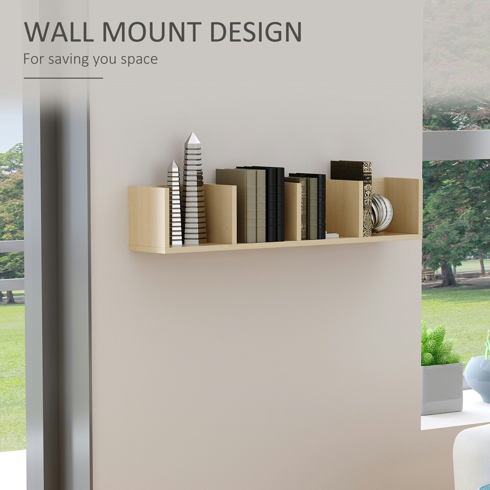 image 1 of HOMCOM Wooden Wall-Mounted Storage Media Display Shelf Center Rack, Natural