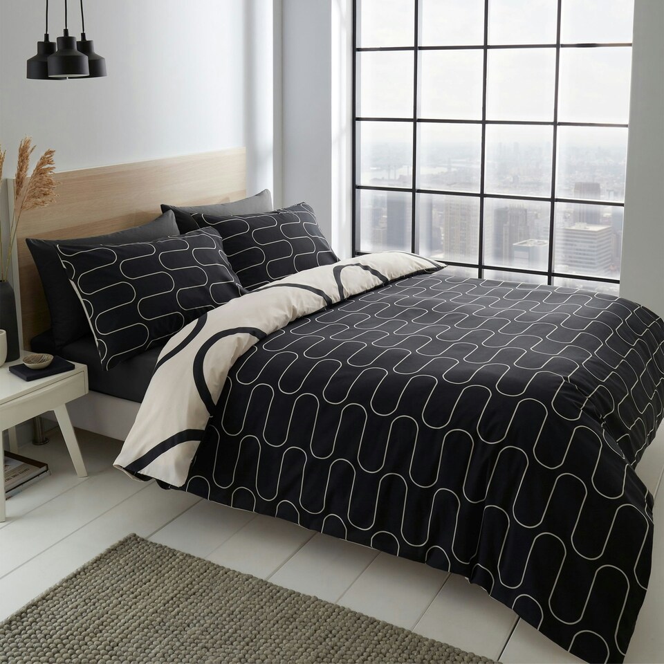 image 1 of Catherine Lansfield Linear Curve Geometric Reversible Single Duvet Cover Set Black