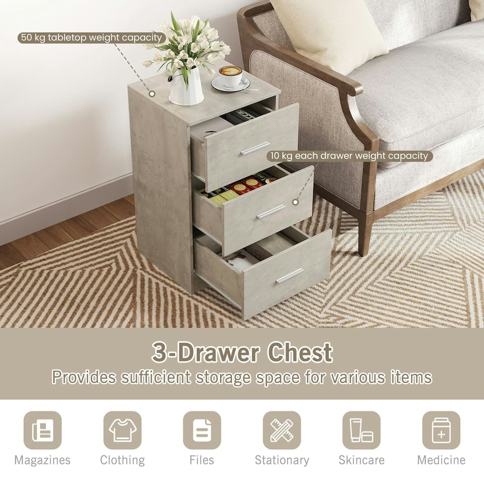 image 1 of COSTWAY NightStand 3-Drawer Chest Storage Organizer Grey Grey