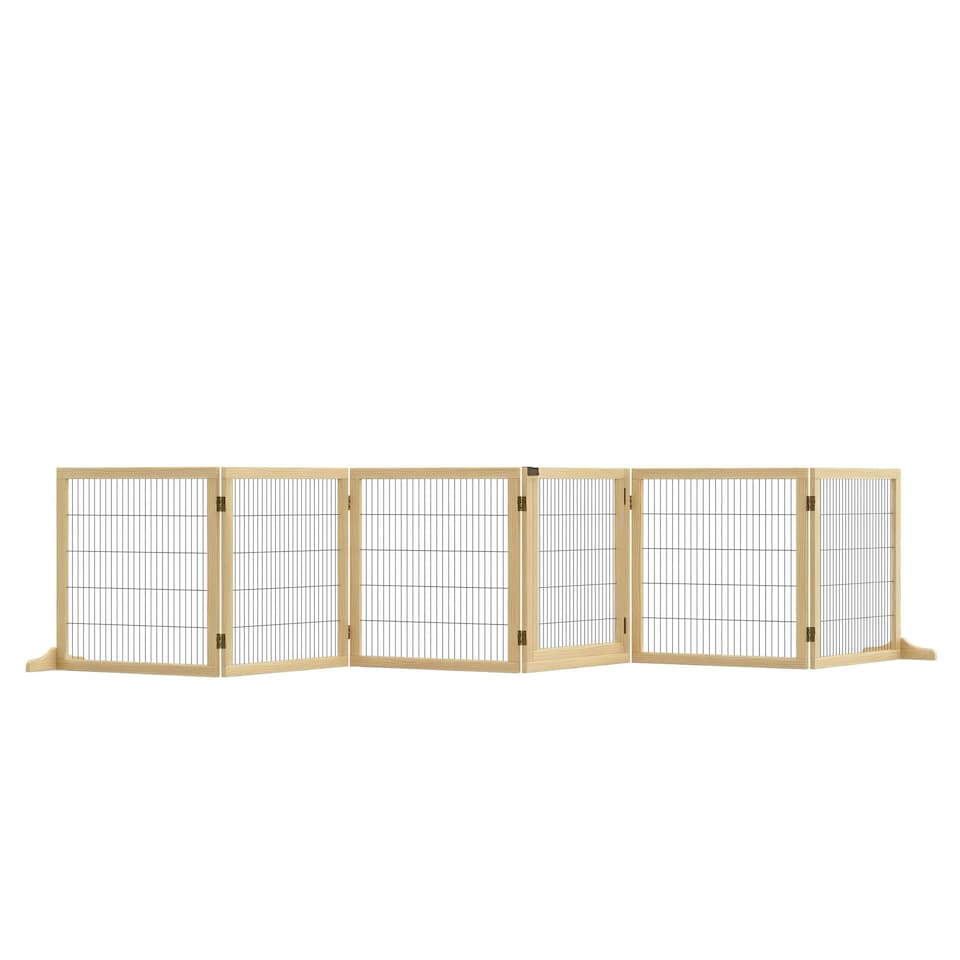 image 1 of PawHut Freestanding Pet Dog Gate, Six-Panel Foldable Wooden Playpen, 432cm