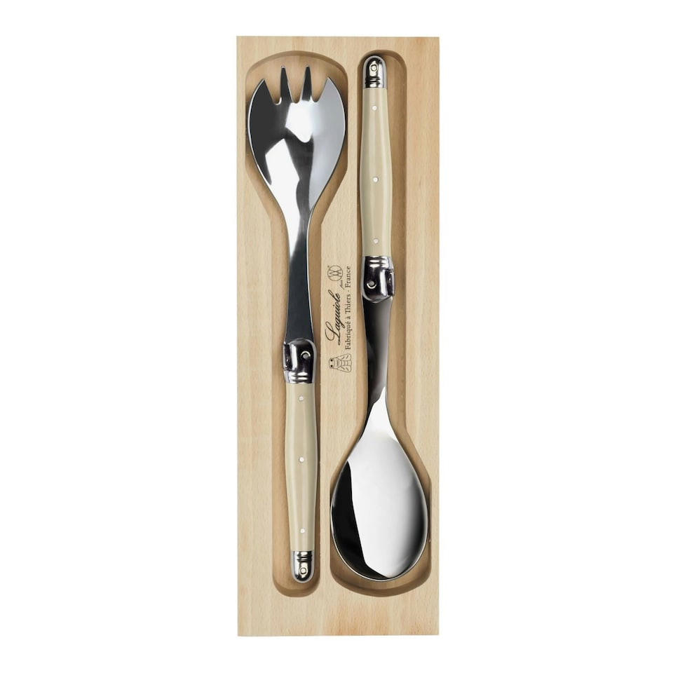 image 1 of Laguiole Salad Servers Set in Wooden Display Tray Brown | Mushroom