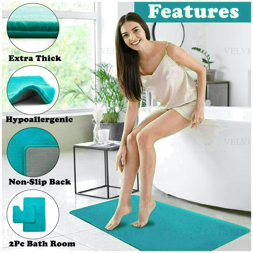 image 1 of VELVETIO Faux Fur Bath Mat Set Shaggy Super Soft Plush Anti Slip PVC Back Blue | Teal