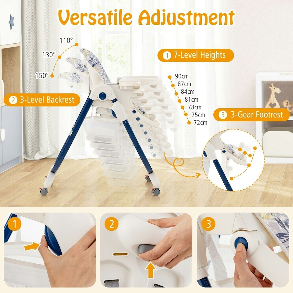 image 1 of COSTWAY Folding Baby High Chair Convertible High Chair Navy