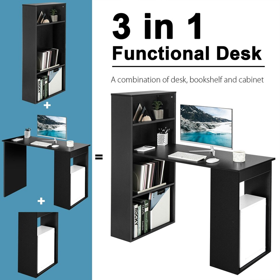 image 1 of COSTWAY Computer Desk Workstation 6-Tier Storage Shelves Black Black