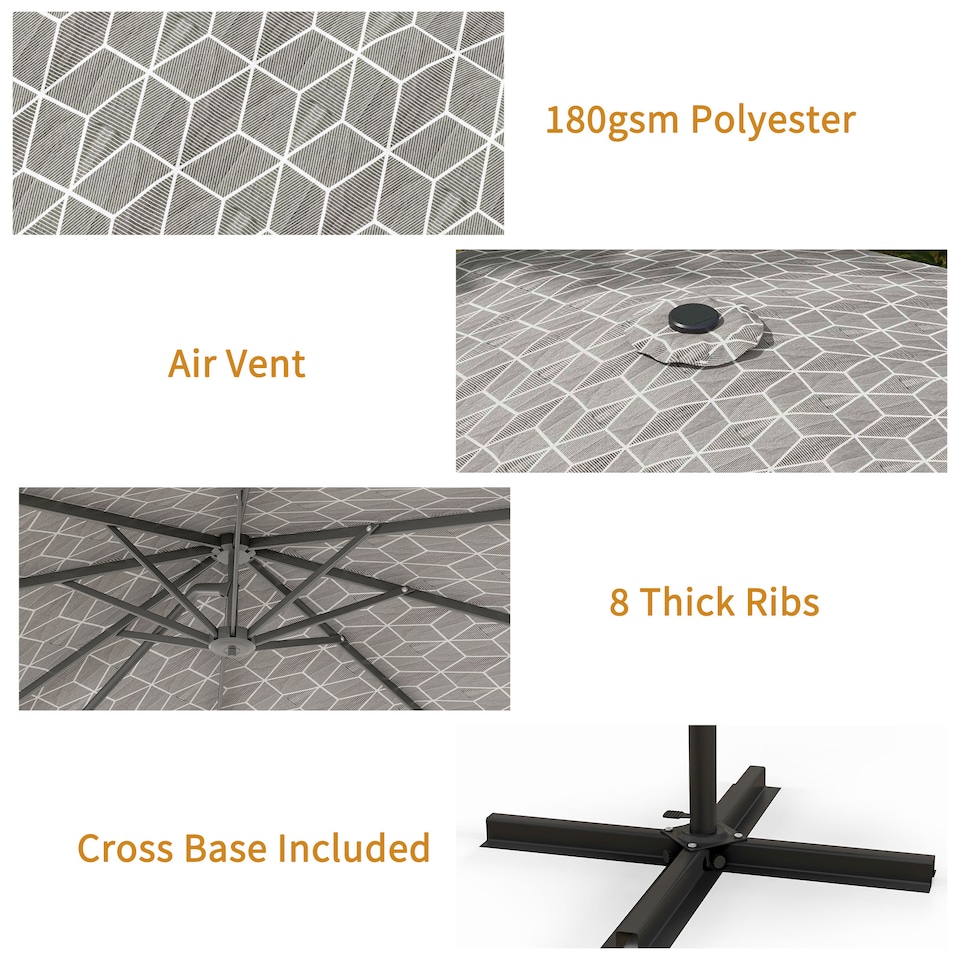 image 1 of Outsunny 3m Convertible Cantilever Parasol and Centrepost Garden Parasol with Cross Base, 360 Rotation Banana Parasol with Crank Handle and 8 Ribs, Hanging Patio Umbrella, Black and White