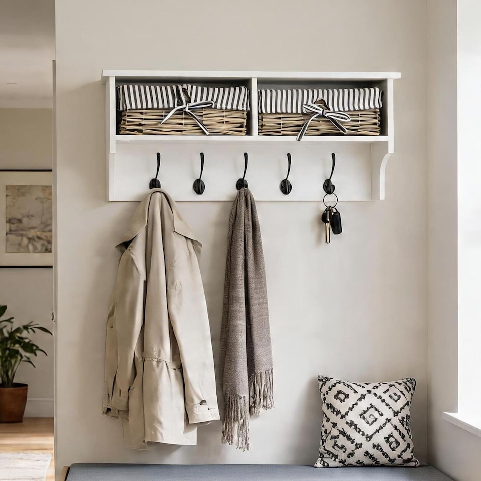image 1 of Radcliffe Wall Mounted Coat Rack Wicker Baskets and Top Storage Shelf